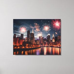 Vuurwerk in nachtelijke stad canvas afdruk