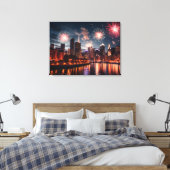 Vuurwerk in nachtelijke stad canvas afdruk (Insitu (Slaapkamer))
