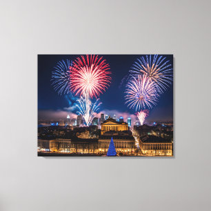 Vuurwerk in nachtelijke stad canvas afdruk
