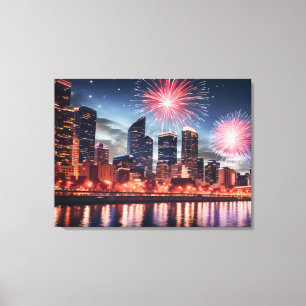 Vuurwerk in nachtelijke stad canvas afdruk