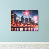 Vuurwerk in nachtelijke stad canvas afdruk (Insitu (Houten vloer))