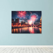 Vuurwerk in nachtelijke stad canvas afdruk (Insitu (Houten vloer))