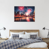 Vuurwerk in nachtelijke stad canvas afdruk (Insitu (Slaapkamer))