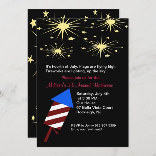 Vuurwerk in Sky Vierde uitnodiging van juli (Voorkant / Achterkant)