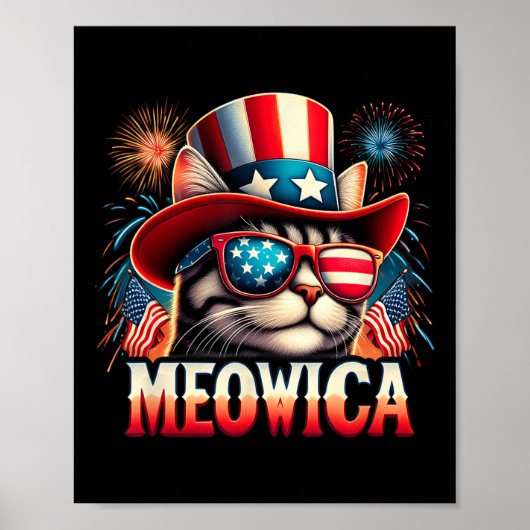 Vuurwerk Kat Grappige Patriottische Kitty Kat Meow Poster (Voorkant)