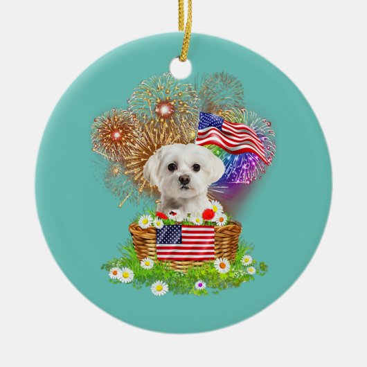 Vuurwerk Maltese hond 4 juli VS-vlag Keramisch Ornament (Voorkant)