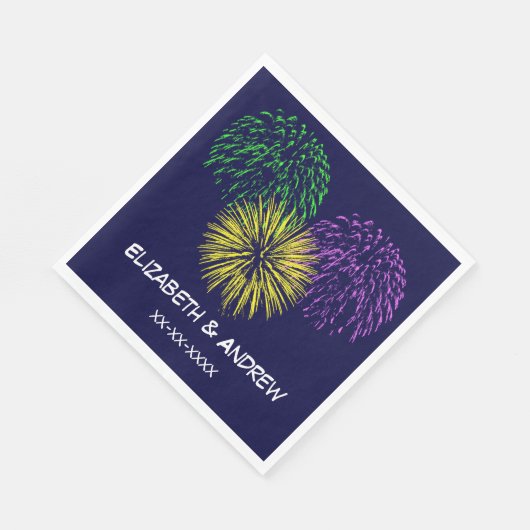 Vuurwerk, marineblauwe achtergrond, naam Monogram Servet (Hoek)
