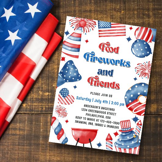 Vuurwerk op 4 juli Amerikaanse vlag BBQ-feest Kaart