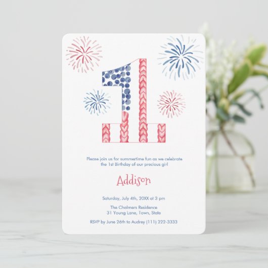 Vuurwerk op 4 juli buitenshuis, eerste verjaardag kaart (Staand voorkant)