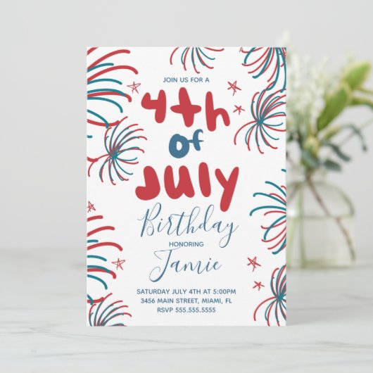 Vuurwerk op 4 juli Stars BBQ Birthday Kaart (Staand voorkant)