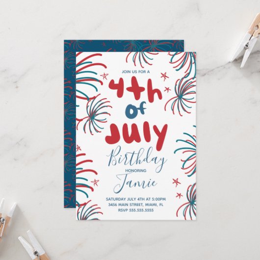 Vuurwerk op 4 juli Stars BBQ Birthday Kaart (Voorkant / Achterkant in situ)