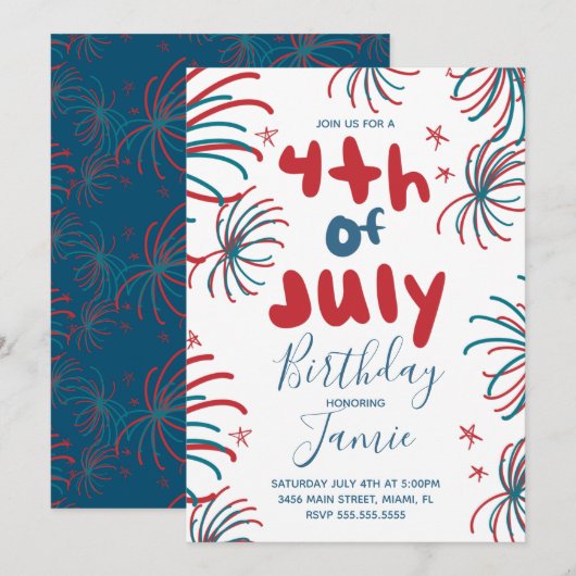 Vuurwerk op 4 juli Stars BBQ Birthday Kaart (Voorkant / Achterkant)