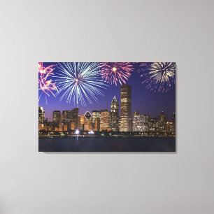 Vuurwerk over skyline in Chicago Canvas Afdruk