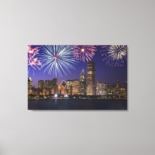 Vuurwerk over skyline in Chicago Canvas Afdruk (Voorkant)