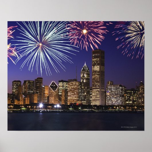 Vuurwerk over skyline in Chicago Poster (Voorkant)