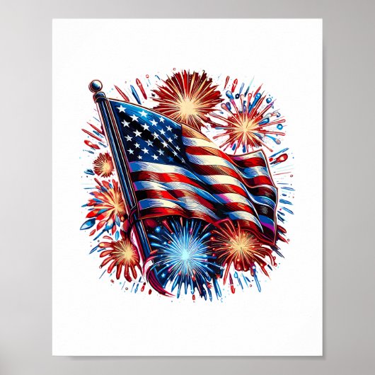Vuurwerk Patriottisch Vlag Verenigde Staten Poster (Voorkant)