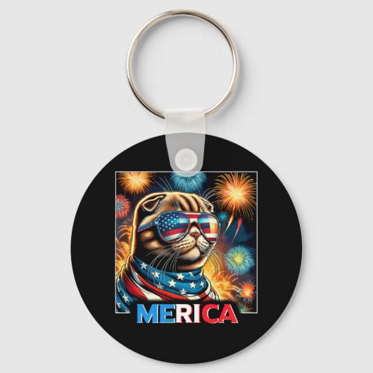 Vuurwerk Patriottische Schotse Fold Cat Amerika Sleutelhanger (Voorkant)