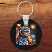 Vuurwerk Patriottische Schotse Fold Cat Amerika Sleutelhanger (Voorkant)
