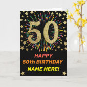 Vuurwerk Rainbow 50th Black & Gold Happy Birthday Kaart (Gele Bloem)