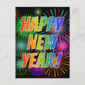 Vuurwerk + regenboogspectrum "GEWELD NIEUW JAAR!" Briefkaart (Voorkant)