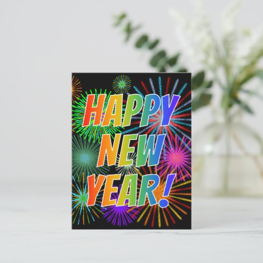 Vuurwerk + regenboogspectrum "GEWELD NIEUW JAAR!" Briefkaart (Staand voorkant)