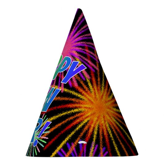 Vuurwerk + regenboogspectrum "GEWELD NIEUW JAAR!" Feesthoedjes (Rechts)