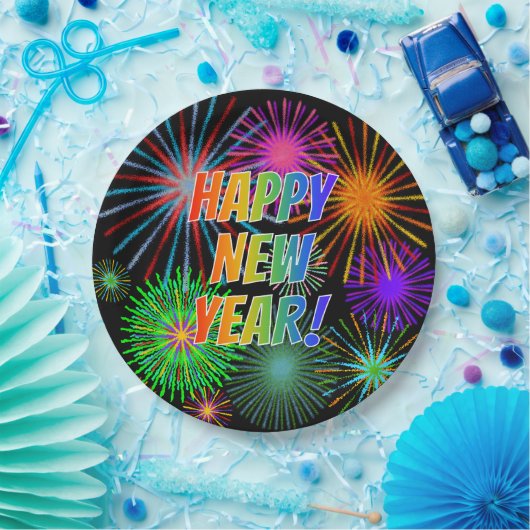 Vuurwerk + regenboogspectrum "GEWELD NIEUW JAAR!" Papieren Bordje (Feest)