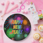Vuurwerk + regenboogspectrum "GEWELD NIEUW JAAR!" Papieren Bordje (Feest)