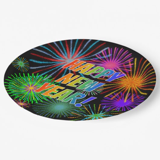 Vuurwerk + regenboogspectrum "GEWELD NIEUW JAAR!" Papieren Bordje (Gekanteld)