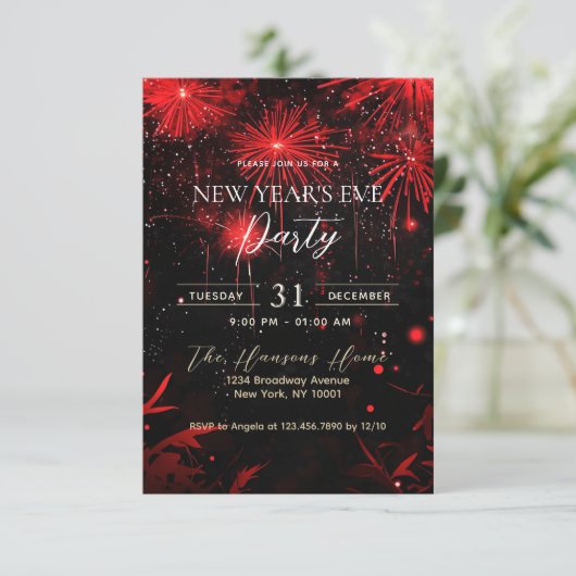 Vuurwerk Rood en Zwart Nieuwjaarsfeest Kaart (Staand voorkant)