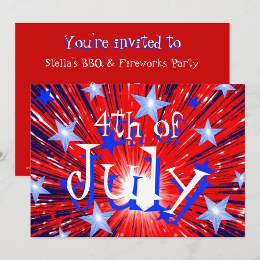 Vuurwerk Rood Wit Blauw '4th of July' feest Kaart (Voorkant / Achterkant)