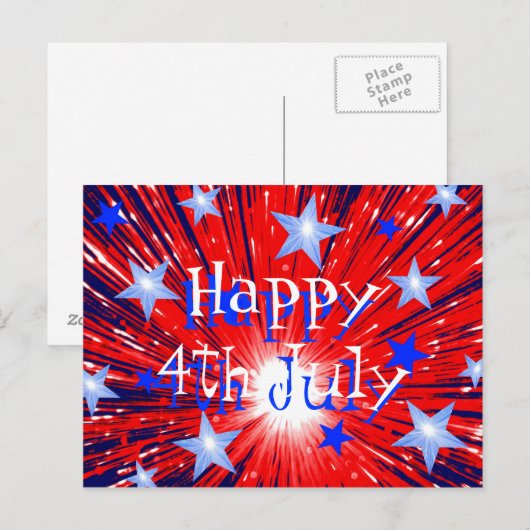 Vuurwerk Rood Wit Blauw 'Happy 4th July' briefkaar Briefkaart (Voorkant / Achterkant)