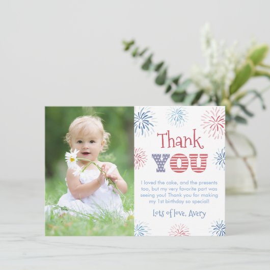 Vuurwerk rood-wit en blauw Afbeelding van 4 juli Bedankkaart (Staand voorkant)