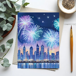 Vuurwerk Stadsgezicht | Blauwe Lofi Digitale Water Briefkaart