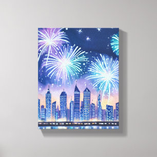 Vuurwerk Stadsgezicht Blauwe Lofi Digitale Water Canvas Afdruk