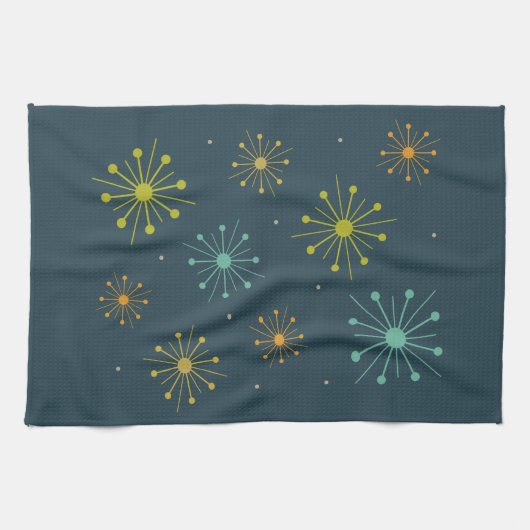 Vuurwerk Starbursts Donkerblauw Midden-Eeuw Theedoek (Horizontaal)