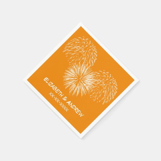 Vuurwerk, tangerine achtergrond, naam monogram servetten (Hoek)
