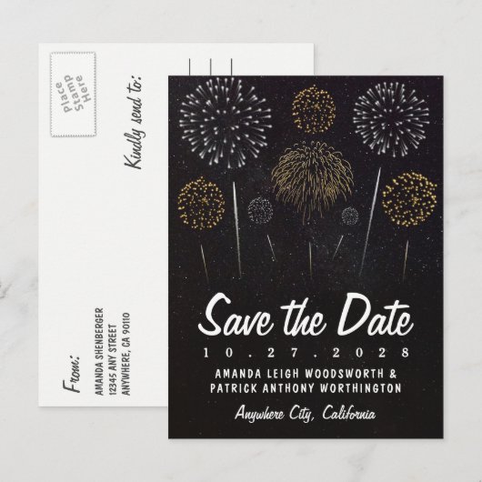 Vuurwerk thema zwart goud Save the Date Cards Aankondigingskaart (Voorkant / Achterkant)