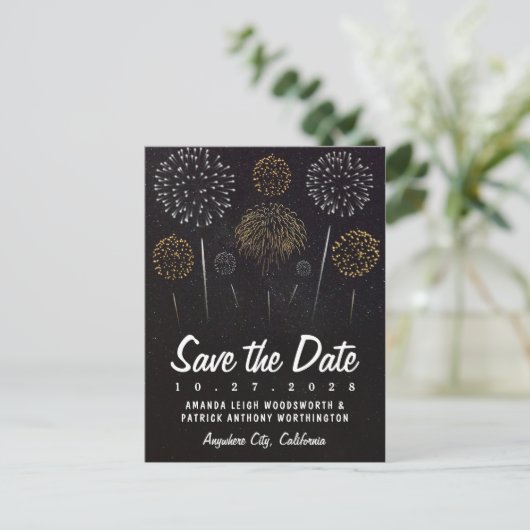 Vuurwerk thema zwart goud Save the Date Cards Aankondigingskaart (Staand voorkant)