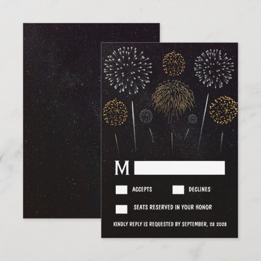 Vuurwerk thema zwart gouden bruiloft RSVP Kaarten (Voorkant / Achterkant)