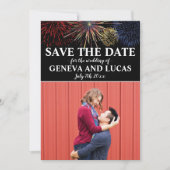 Vuurwerk vierde juli bruiloft bewaart de datum save the date (Voorkant)