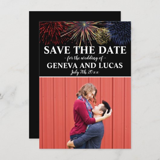 Vuurwerk vierde juli bruiloft bewaart de datum save the date (Voorkant / Achterkant)
