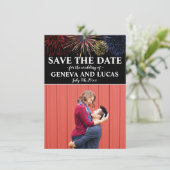 Vuurwerk vierde juli bruiloft bewaart de datum save the date (Staand voorkant)