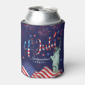 vuurwerk vierde juli met het vrijheidsbeeld blikjeskoeler (Blikje Voorkant)