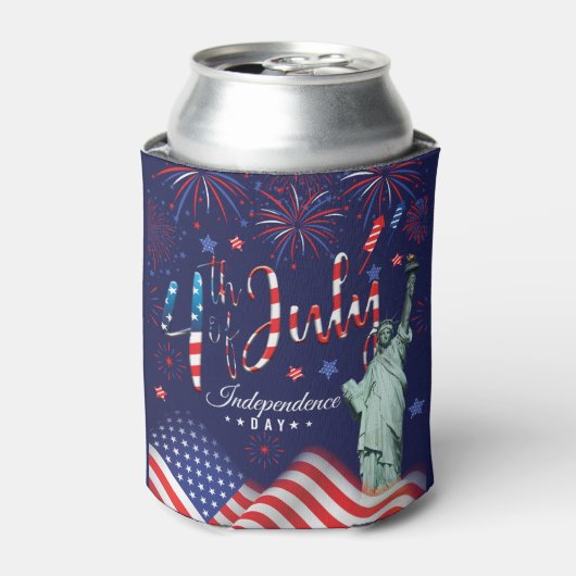 vuurwerk vierde juli met het vrijheidsbeeld blikjeskoeler (Blikje Voorkant)