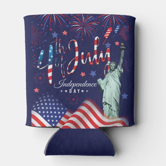 vuurwerk vierde juli met het vrijheidsbeeld blikjeskoeler (Achterkant)