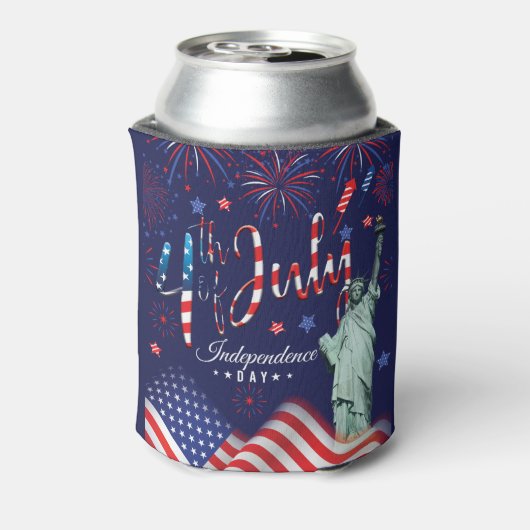 vuurwerk vierde juli met het vrijheidsbeeld blikjeskoeler (Blikje Achterkant)