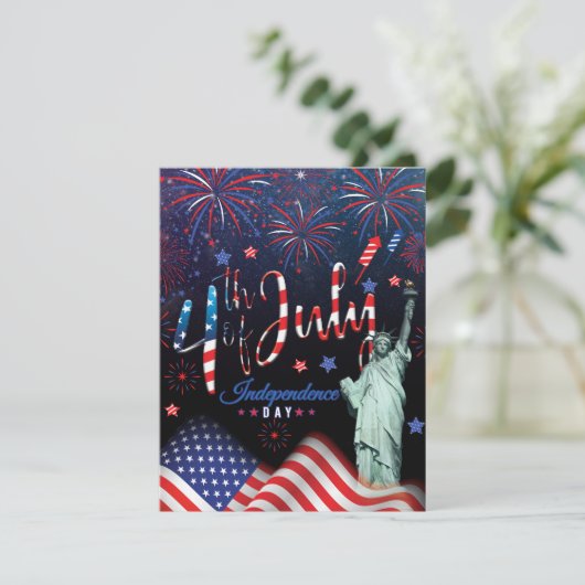 vuurwerk vierde juli met het vrijheidsbeeld feestdagenkaart (Staand voorkant)