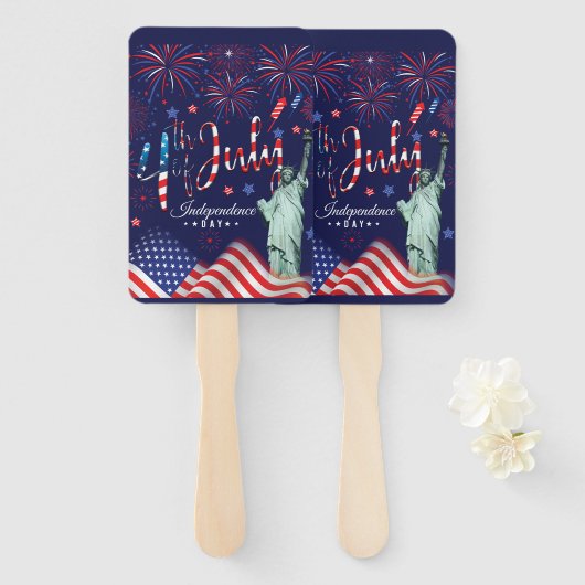 vuurwerk vierde juli met het vrijheidsbeeld handwaaier (Voorkant en achterkant)