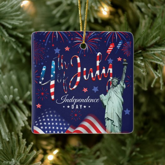 vuurwerk vierde juli met het vrijheidsbeeld keramisch ornament (Boom)
